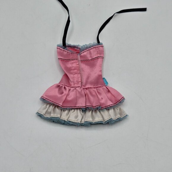 Barbie My Scene Pink Satin Ruffled Party Dress With Blue Bow & Halter Neck - Picture 3 of 4